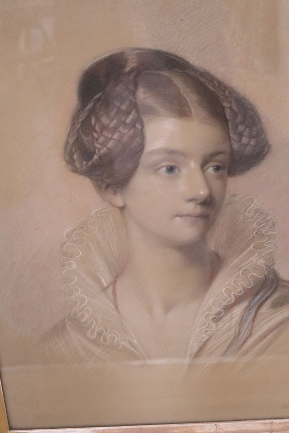 Francis William Wilkin (1791-1842), colour chalks, Portrait of a lady, signed and dated 1835, 61 x 46cm, birds eye maple framed